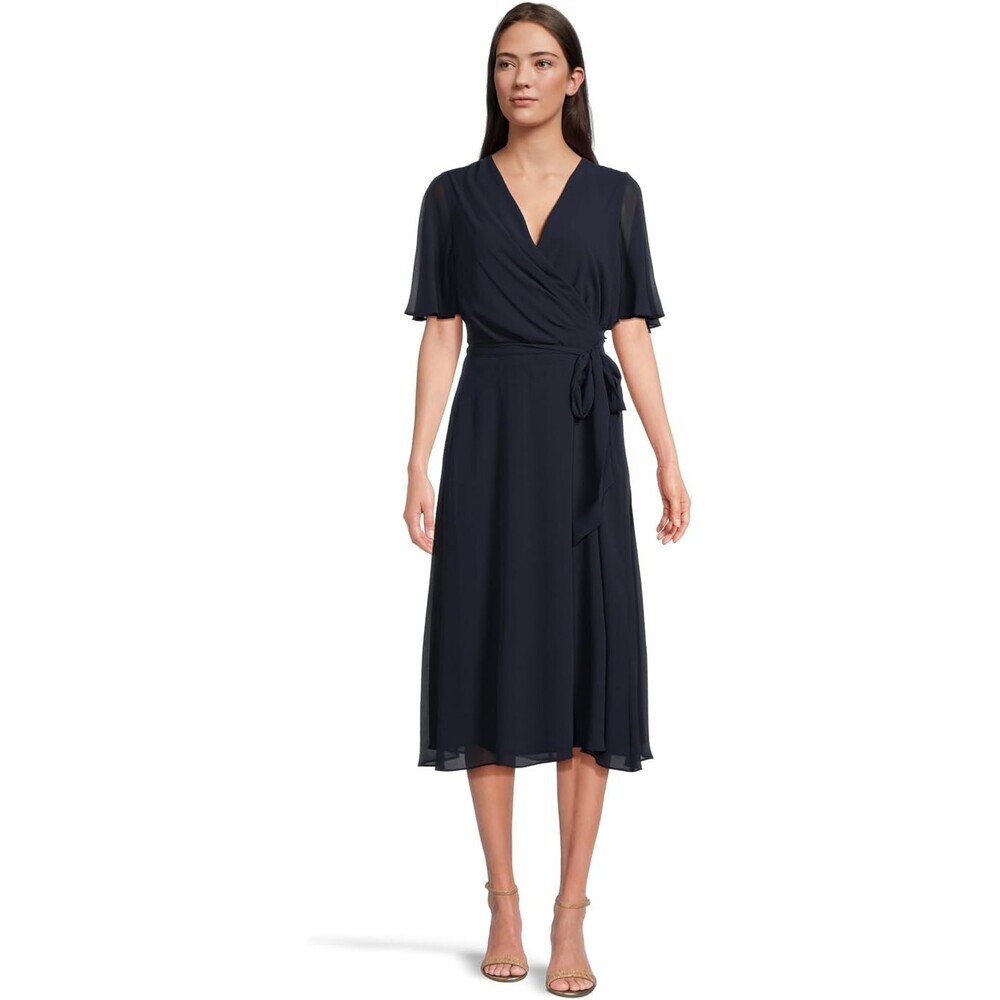 Lauren Ralph Lauren Georgette Dress Women's 4 Black Belted Flutter Sleeve RED789